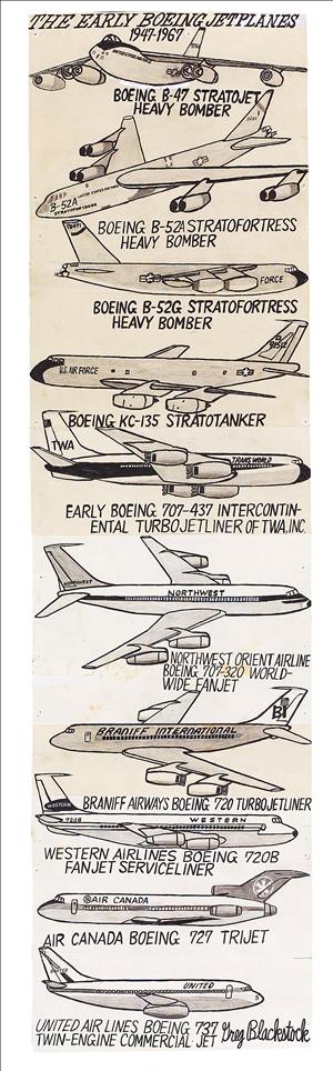  A column of sketches of different makes and models of Boeing airplanes